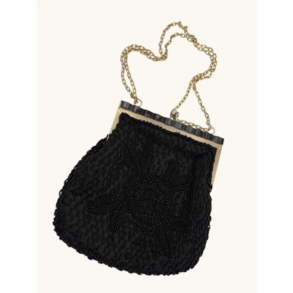 Mister Ernest Vintage Black Beaded Floral Rose Evening Bag Gold Frame Kiss Lock